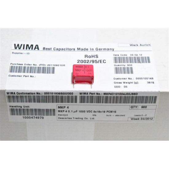 德國WIMA電容器/MKP4/0.1uF/1000V/15mm