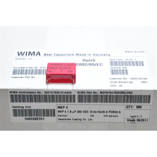 德國WIMA電容器/MKP4/1.5uF/250V/22.5mm