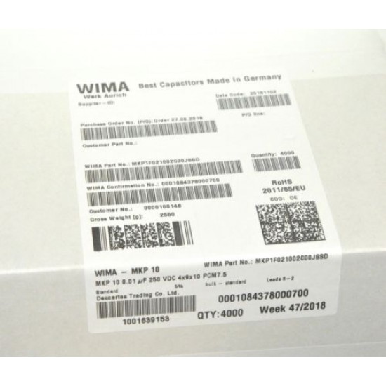 WIMA MKP10 0.01uF (0,01µF 10nF) 250V 5% 腳距:7.5mm 金屬膜電容器