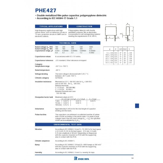 瑞典RIFA PHE427 4.7uF 250V 5% 腳距:37.5mm PHE427HR7470J 金屬膜電容 x 1顆