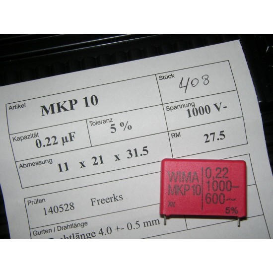 德國WIMA MKP10 0.22uF 1000V 5% 腳距:27.5mm 金屬膜電容器