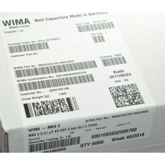 WIMA MKS2 0.01uF (0,01µF 10nF) 63V 5% 腳距:5mm 金屬膜電容器