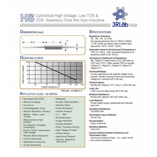 3RLab HS152 10M 9W 5% 48KV 耐脈衝低溫度係數高壓無感電阻