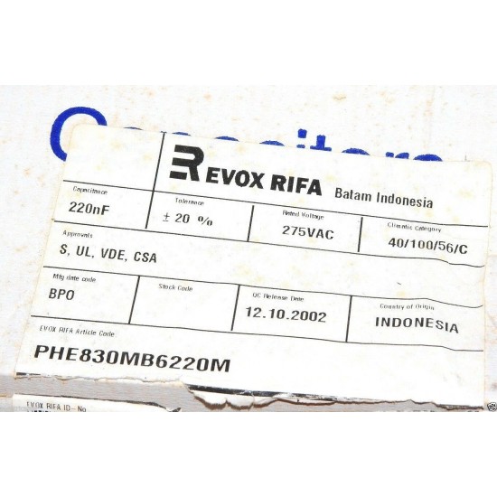 瑞典RIFA PHE830 0.22uF 275V AC 20% 腳距:15mm RFI X2 PHE830MB6220M 金屬膜電容 x 1顆