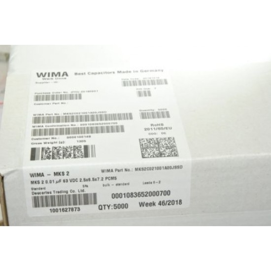 WIMA MKS2 0.01uF (0,01µF 10nF) 100V 5% 腳距:5mm 金屬膜電容器