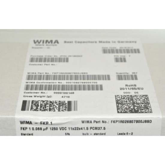 WIMA FKP1 0.068uF (0,068µF 68nF) 1250V 5%  腳距:37.5mm 金屬膜電容器