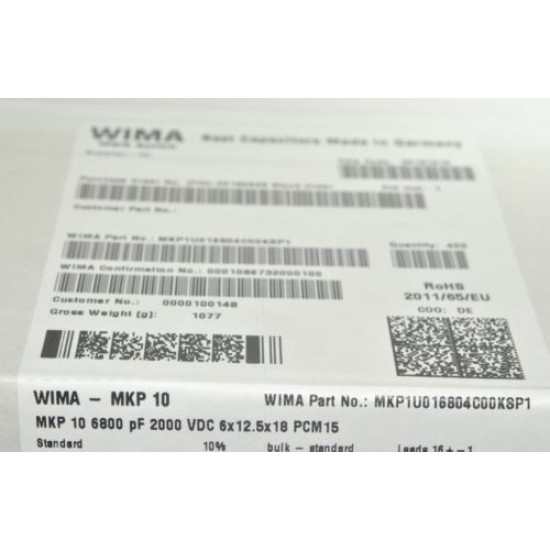 WIMA MKP10 6800P (6800pF / 6,8nF) 2000V 10% 腳距:15mm 金屬膜電容器