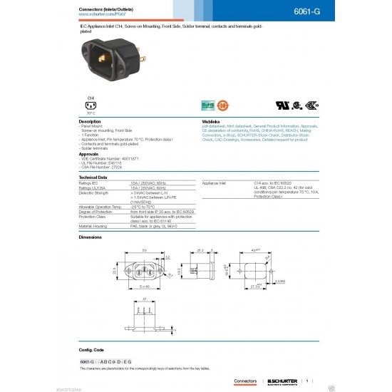 SCHURTER 6061-G IEC C14 10A 250VAC 鍍金電源公座 機箱電源座 電源座