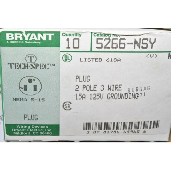 BRYANT 5266-NSY 15A 125V NEMA 5-15 工業級插頭 電源插頭 美製 黃色